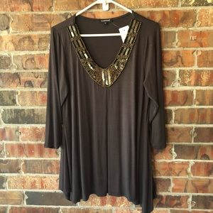 Casting Long Sleeve Brown Tunic Top With Embellishments Women's Medium NWT
